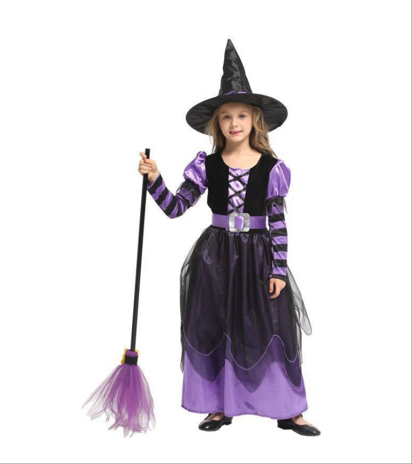 万圣节女巫服装儿童表演服带帽子扫帚装扮派对服饰