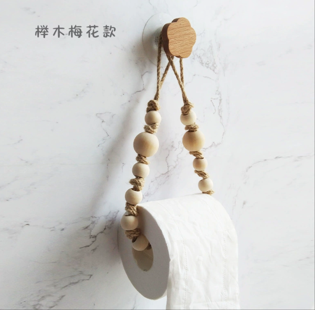 创意串珠麻绳纸巾架简约民族风编织壁挂式卷纸架榉木小梅花挂钩