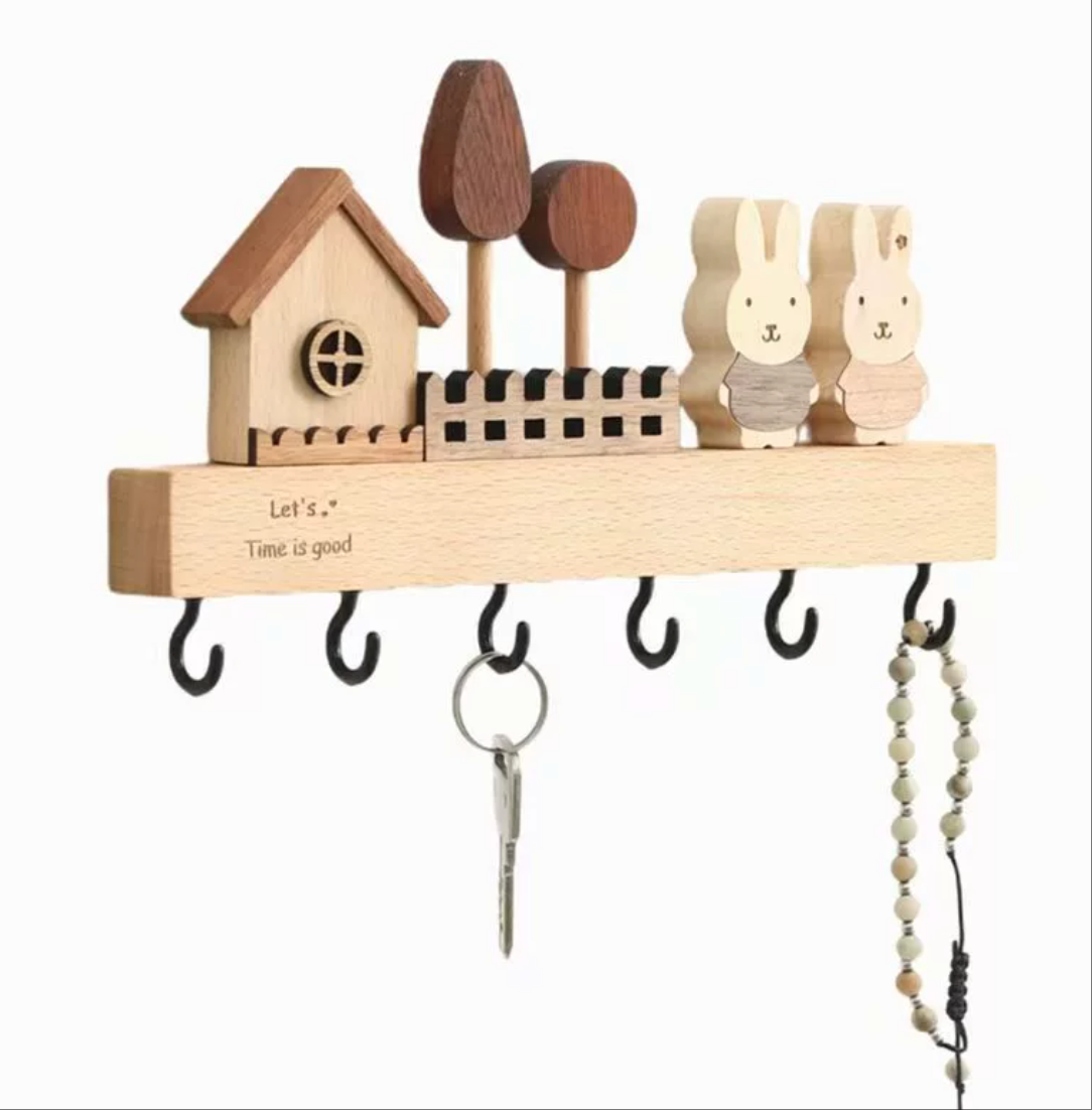 实木可爱现代创意实木免打孔北欧钥匙收纳架玄关墙上装饰挂钩壁挂